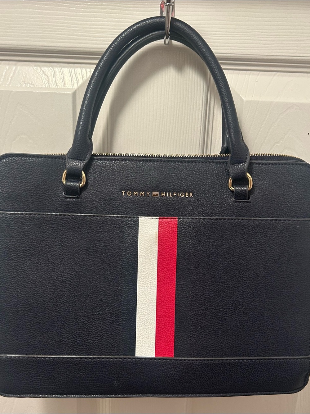 Tommy Hilfiger Navy Saffiano Striped Satchel Crossbody Bag